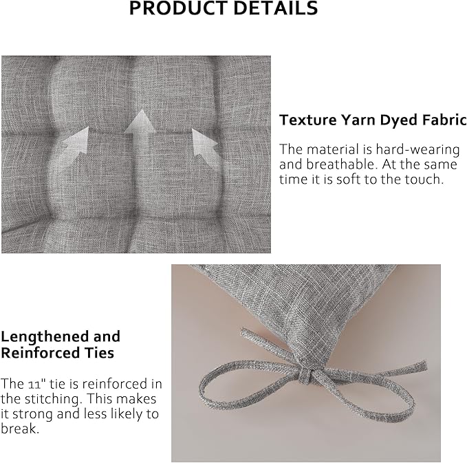 ELFJOY 4 Pack Chair Cushions for Dining Chairs Chair Pads Cushion for Kitchen Office Tufted Textured Square Seat Cushion with Ties (16" Light Grey)