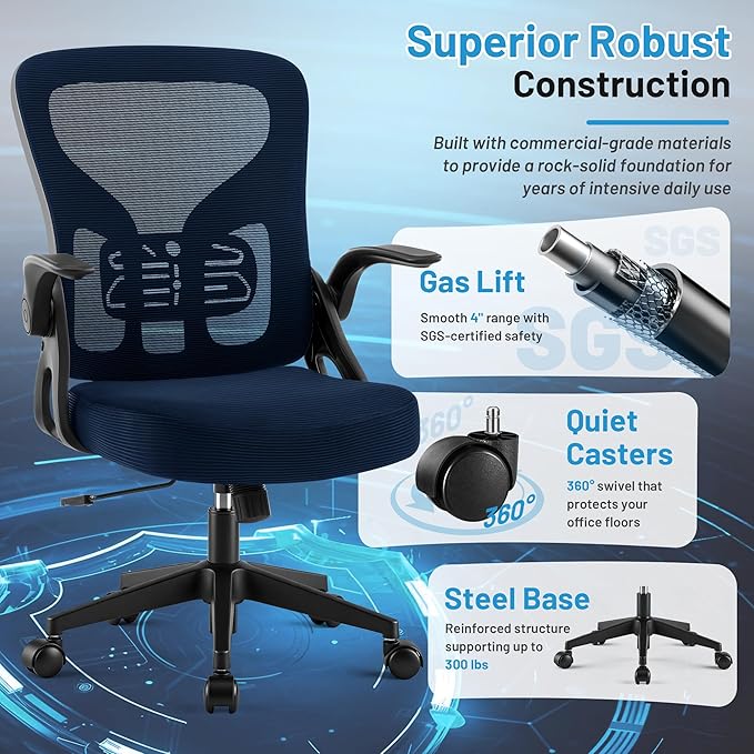 Office Chair Ergonomic Desk Chair with Adjustable Lumbar Support, High Back Breathable Mesh Chair with 120° Tilt Function & Flip-Up Armrests, Swivel Comfy Task Computer Chair for Work, Study