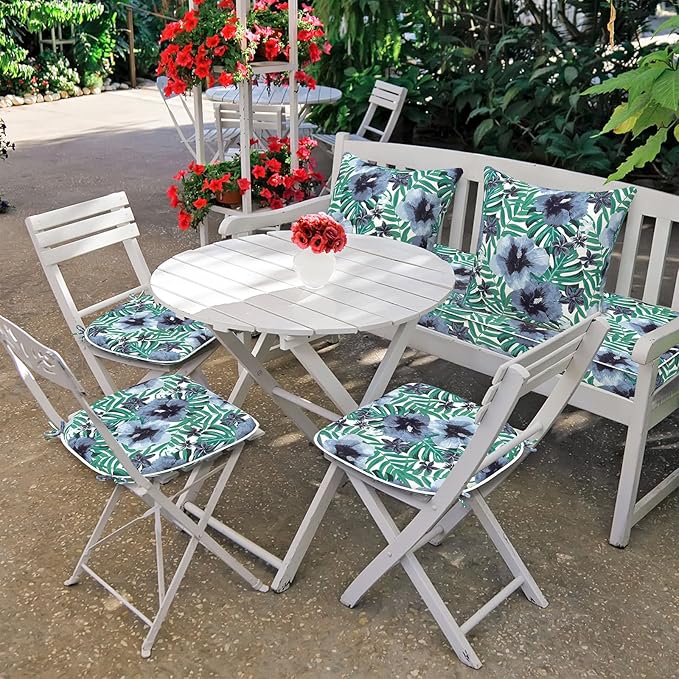 DYTXIII Set of 4 Outdoor Chair Cushions with Ties,Water Repellent Patio Chair Pads 17"x 16" for Outdoor Furniture,Round Corner Seat Cushions for Garden Yard Kitchen Blue Salmone Tropical