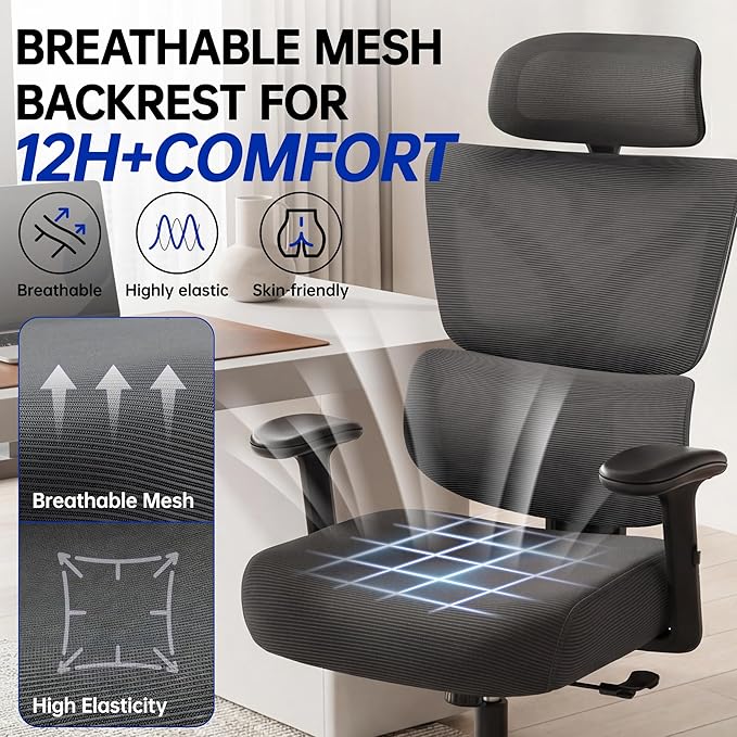 Ergonomic Office Chair, High Back Mesh Computer Chair with Comfortable Adaptive Lumbar Support, Built-in Coat Hanger, SGS Class 4 Gas Lift, Heavy Duty 300lbs for Long Hours Home Office