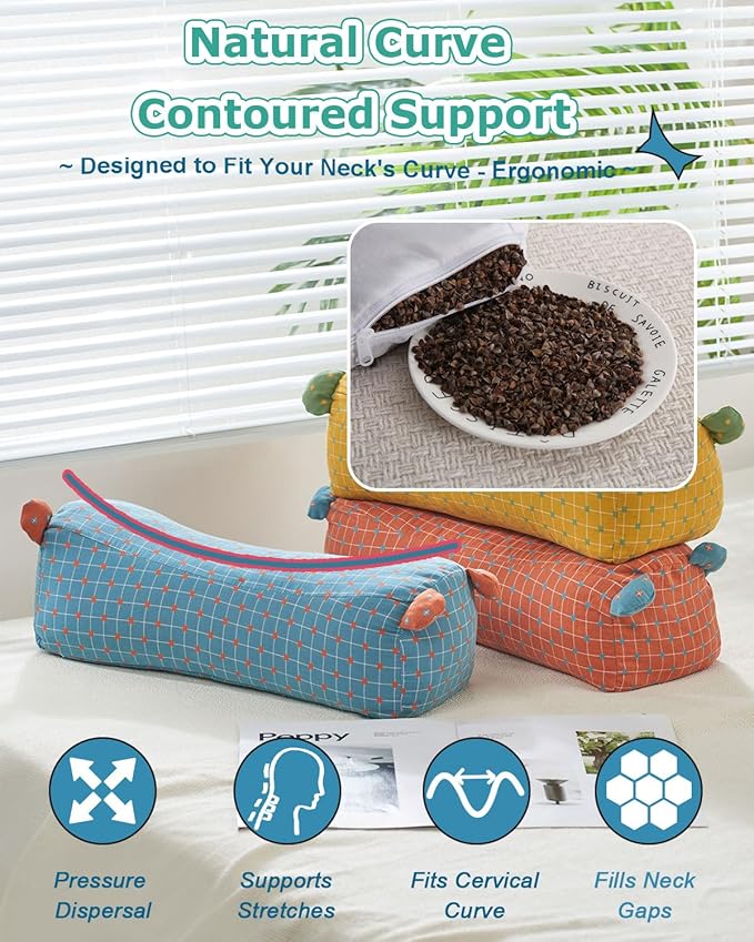 Buckwheat Neck Roll Pillow for Sleeping, Cylinder Pillows Buckwheat Hull Pillow, Adjustable Firm Support Pillow with Pillowcase, Cute Adjust Filling Pillow for Stretch Neck, Blue 16"X6"