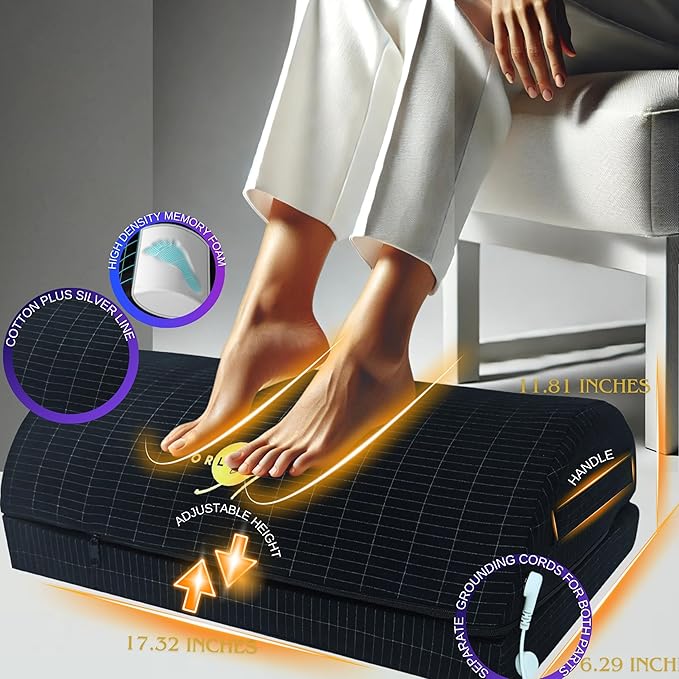 Grounding Foot Rest for Under Desk at Work,Foot Stool for Office Use Gaming Chair Ergonomic Memory Foam Adjustable Height Back Knee Pain Relief, Pad Mat for Feet Wellness Organic Cotton Pure Silver
