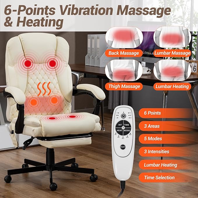 Massage Office Chair with Foot Rest, 6 Points Vibration Heating Executive Chairs Ergonomic Home Office Desk Chair with Reclining Backrest, Adjustable Arms and Lumbar Support-Beige