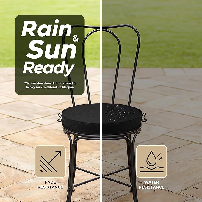 Outdoor Round Chair Cushions 18 Inch, Fade-Resistant & Water-Resistant, Bistro Chair Seat Pads for Porch Garden Balcony Patio Furniture Stools, Non-Slip Bottom, Set of 2, Black