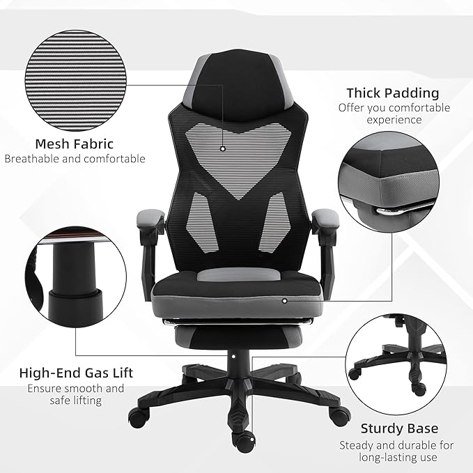 Vinsetto Ergonomic Home Office Chair High Back Armchair Computer Desk Recliner with Footrest, Mesh Back, Lumbar Support and Wheels, Grey