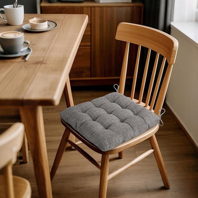 ELFJOY 4 Pack Chair Cushions for Dining Chairs Chair Pads Cushion for Kitchen Office Tufted Textured Square Seat Cushion with Ties (16" Light Grey)
