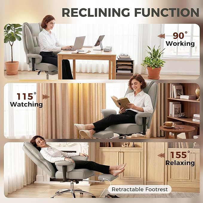 HOMCOM Ergonomic Executive Office Chair with Foot Rest, Reclining Swivel Computer Desk Chair with Adjustable Armrests, Spring Seat, High Back, Thick Cushion, Pet Friendly Faux Leather, Light Gray