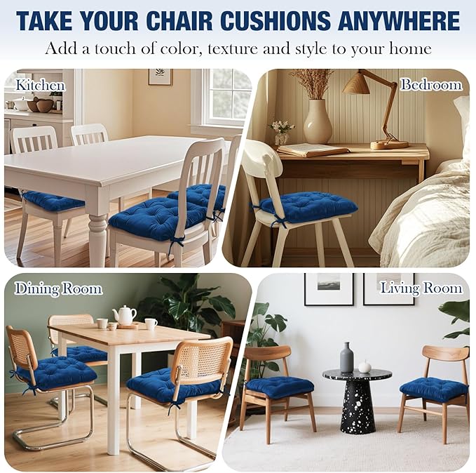 Nuanchu Memory Foam Chair Cushions Set of 4, Thick Indoor Seat Cushions for Dining Chairs Tufted Seat Pads for Kitchen, Dining Room, Office,(Royal Blue,15.5"x15.5"x4")
