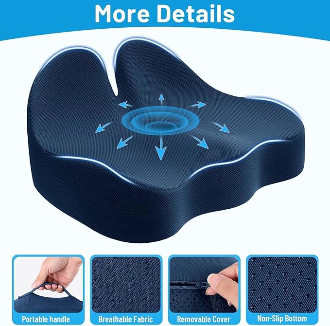Cushzone Seat Cushion, Memory Foam Office Chair Cushions, Ergonomic Curved Design for Sciatica, Tailbone, Coccyx, Seat Support for Car, Desk Chair, Wheelchair, Enhances Long Sitting Comfort (Blue)