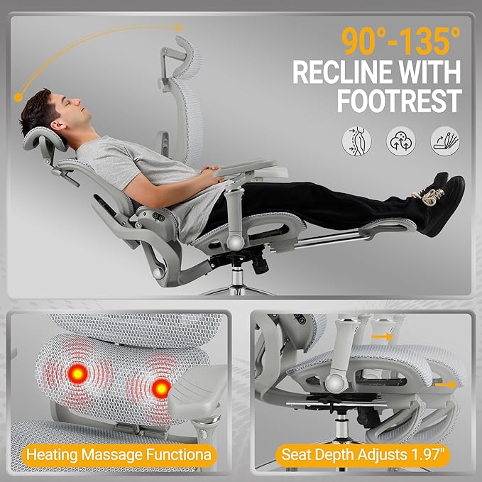 Furmax Ergonomic Office Chair, High Back Executive Chair with Heated Massage Lumbar Support, 6D Armrests, Adjustable Headrest & Footrest, Breathable Full-Mesh Design, Gray