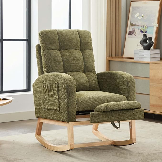 40" Fabric Nursing Rocking Chair, Nursery Chairs with Adjustable Foot Rest, High Backrest Upholstered Arm Chair with Side Pockets, Wood Rocking Chair for Living Room, Bedroom, Baby Room (Cyan 1)