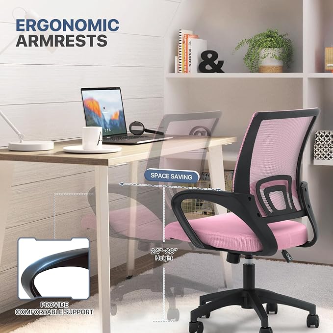 MoNiBloom Mesh Office Chair, Ergonomic Computer Chair for Adults, Rolling Swivel Mid-Back Desk Chair with Lumbar Support, Comfy Armrest for Home Office, Gaming, Pink 20 Pack