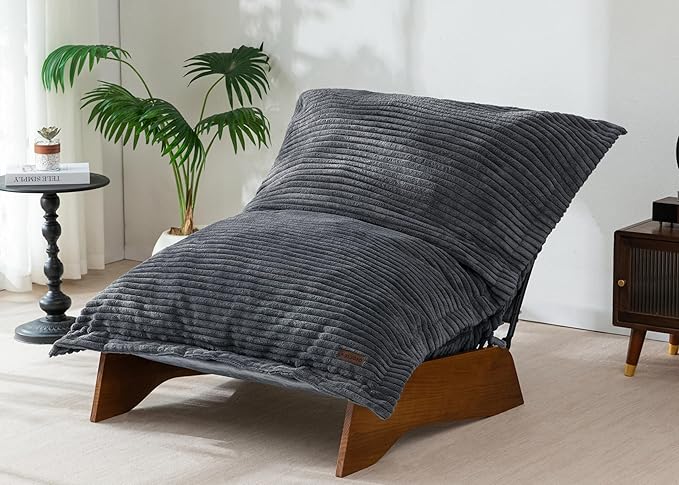 MAXYOYO Adjustable Living Room Chair, Convertible Bean Bag Chair & Recliner with Frame, Removable Cushion Floor Sofa Corded Fabric, Soft Upholstered Lounge for Bedroom, Dorm, Grey