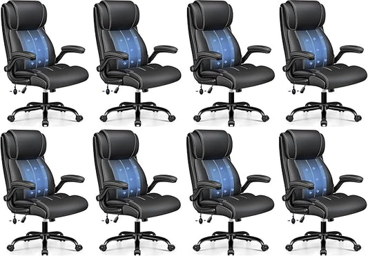 BESTFAIR Ergonomic Office Chair - Desk Computer Chair, Leather High Back Executive Chairs with Adjustable Lumbar Support & Flip Up Arms, Black 8 Pack