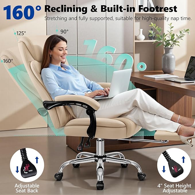 Big and Tall Office Chair 400lbs - Wide Memory Foam Seat with Spring Pack, Reclining Executive Desk Chair with Footrest, Ergonomic Heavy Duty High Back Computer Chair, Khaki