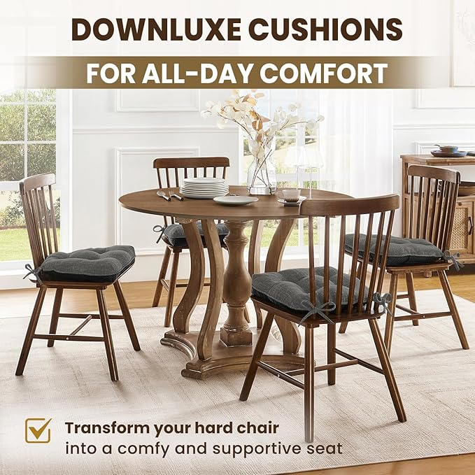 downluxe Indoor Chair Cushions for Dining Chairs, Tufted Overstuffed Textured Foam Kitchen Chair Pads with Ties and Non-Slip Backing, 15.5" x 15.5" x 4", Dark Grey, 4 Pack