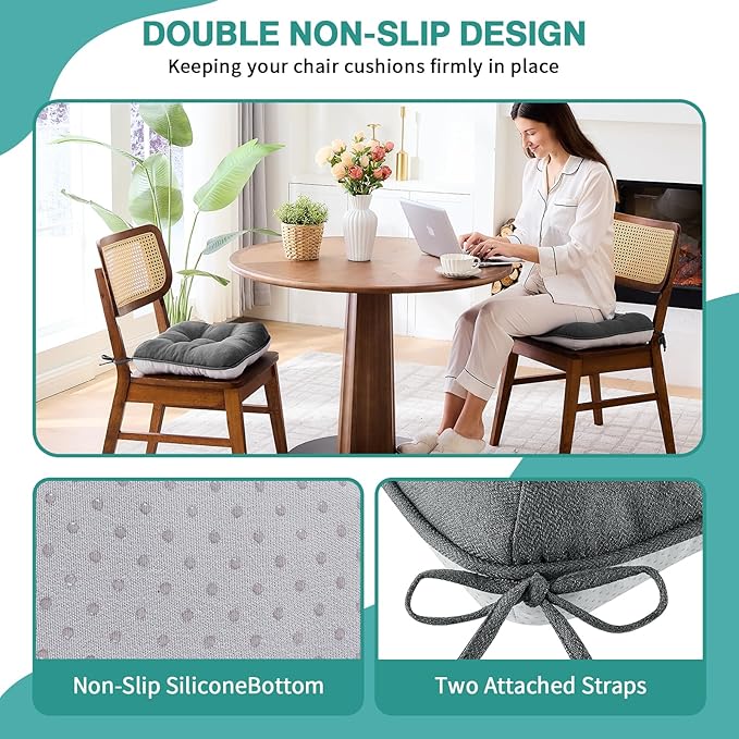 BETU Chair Cushions for Dining Chairs Set of 4,3.5" Thick Kitchen Table Chair Pads with Ties,Non Slip Backing and Covers, Seat Cushion for Dining Room,Bar,Patio Chairs,15.5"X15.5"X3.5",Dark Grey
