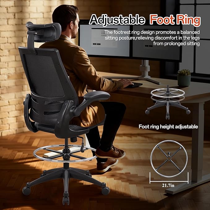 BOLISS Ergonomic Drafting Chair with 4-Level Adjustable Headrest Tall Standing Desk Stool with Soft Microfiber Leather Seat, Breathable Mesh Back, 90° Flip-Up Arms, and Adjustable Foot Ring