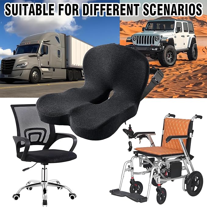 Memory Foam Seat Cushion for Truck Drivers, Office Chairs, Car Seats, Sciatica Relief Pillow for Tailbone, Ergonomic Pressure Relief Pad for Long Sitting & Driving Ergonomic Chair Pad (Black)