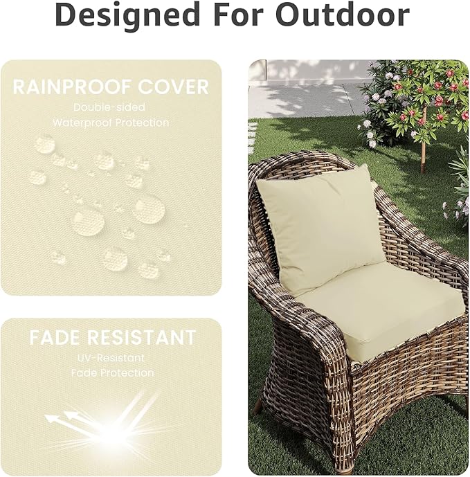 PatioGlow Outdoor Chair Cushions 22 x 22 x 3 Inch, Waterproof & Fade Resistant Patio Seat Cushion for Furniture with Handle and Ties, Thick Seating Pads for Outside Sofa Couch Set of 2, Beige