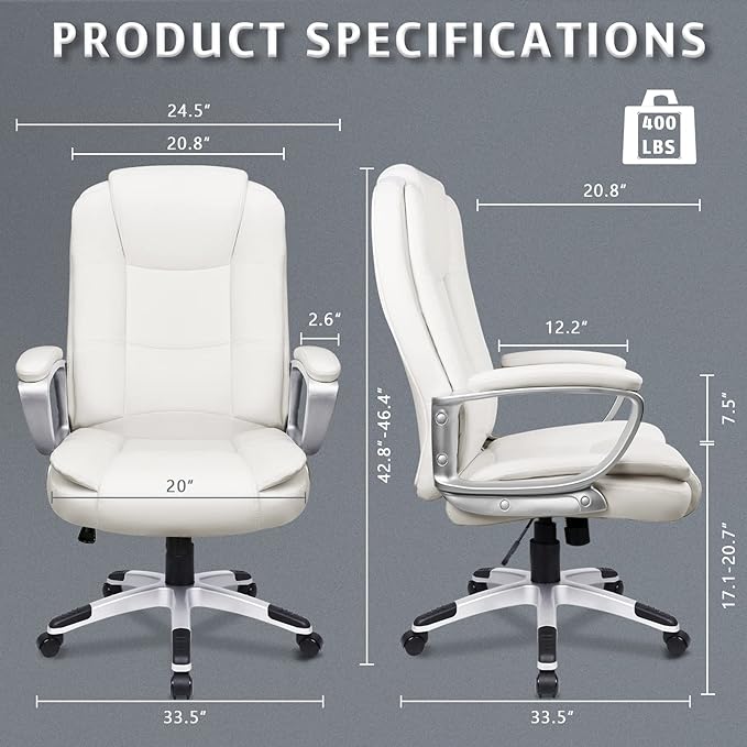 LEMBERI Office Desk Chair, Managerial Executive Chair, High Back Computer Chair, Ergonomic Height Adjustable PU Leather Chairs with Padded Armrest for Long Time Sitting (White)