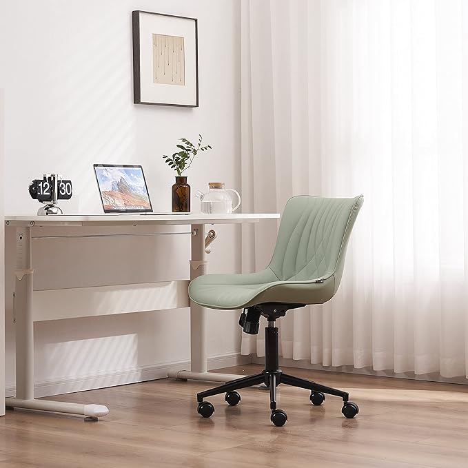 YOUNIKE Office Chair, Armless Desk Chair with Wheels, Home Office Computer Task Chairs, Modern Faux Leather Padded Vanity Chair, Adjustable Swivel Rolling Office Chair with Back, Mint Seafoam Green