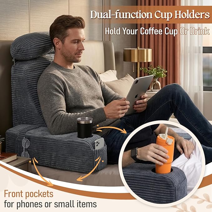 Reading Pillow/Backrest Pillow with Arms, Cup Holder & Phone Pocket - Bed Rest Pillow with Adjustable Headrest, Corduroy Fabric for Back Support in Bed/Sofa/Floor (Gray, 19 INCH)