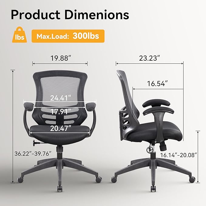 HAMESS Ergonomic Office Chair for Home Office with Mesh Back, Swivel Rolling Computer Desk Chair, Padded Arms with Built-in Lumbar Support, Thick Seat Cushion, High-Density Foam, Breathable Material