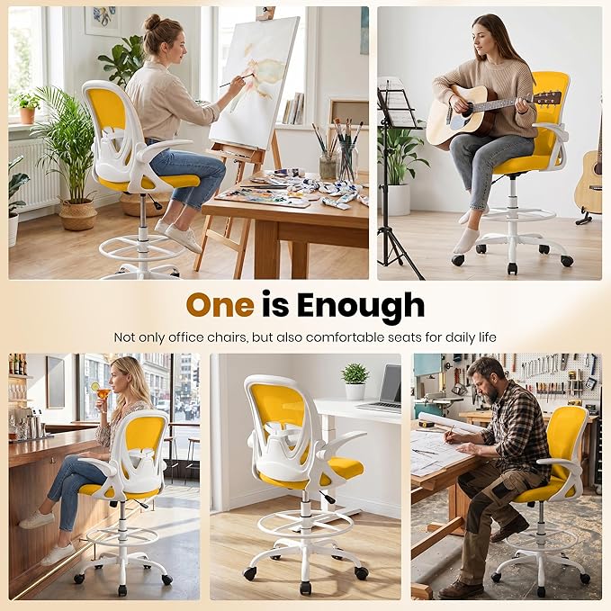 Primy Drafting Chair Tall Office Chair with Flip-up Armrests Executive Ergonomic Computer Standing Desk Chair with Lumbar Support and Adjustable Footrest Ring (Mustard)