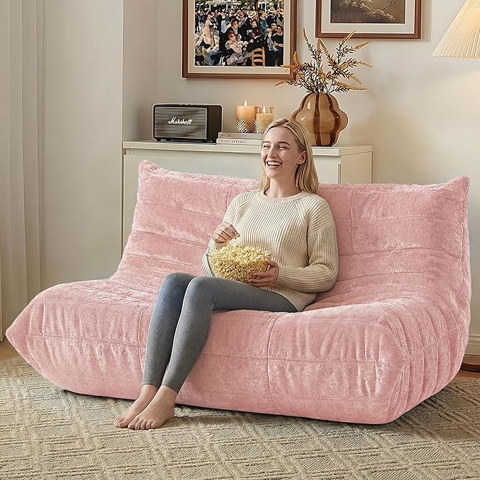 HABUTWAY Bean Bag Chair, Giant Bean Bag Chairs for Adults, Loveseat Fireside Chair, 2 Seater Lazy Bean Bag Sofa Memory Foam Couch for Living Room, Bedroom, Office (Pink)