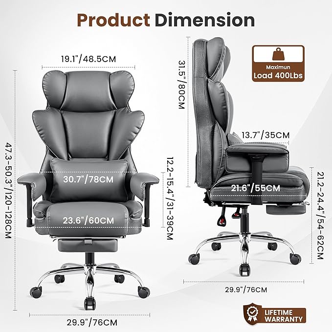 BESTFAIR Big and Tall Office Chair for Heavy People - 400 LBS Capacity Executive Chair with High Back & Footrest, Ergonomic Wide Padded Seat Computer Gaming Chair, Smoke Gray