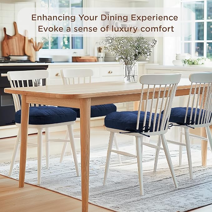 Codi 6 Pack Dining Chair Cushions, Thick Chairs Pads for Indoor Kitchen Room - Washable, Non-Slip Memory Foam Seat Cushion with Ties, 16.5"x16.5"x 3.5", Set of 6, Navy New