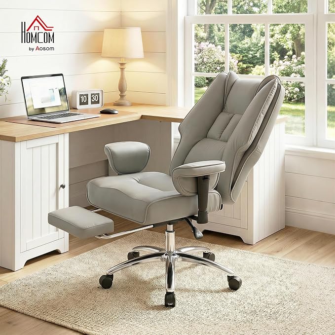 HOMCOM Ergonomic Executive Office Chair with Foot Rest, Reclining Swivel Computer Desk Chair with Adjustable Armrests, Spring Seat, High Back, Thick Cushion, Pet Friendly Faux Leather, Light Gray