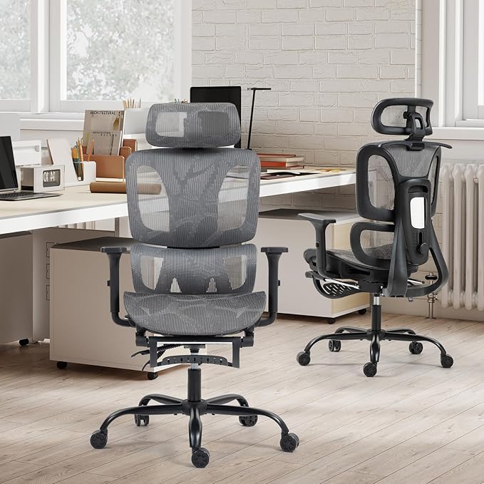 ECOTOUGE Mesh Ergonomic Office Chair with Footrest, High Back Mesh Gaming Chair with Lumbar Support, Adjustable Headrest and Armrests for Home Office Desk Chair, Grey