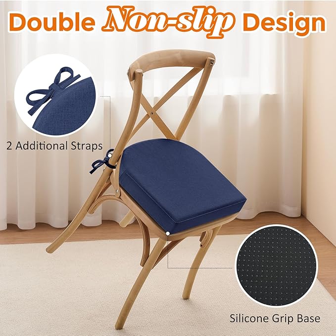 downluxe Chair Cushions for Dining Chairs, Memory Foam Linen Kitchen Chair Pads with Ties, Waterproof, Stain-Resistant and Washable Cover, 17" x 16" x 2.5", Blue, 4 Pack