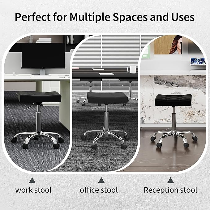 FIRAVOE Office Stool with Wheels (300lbs Capacity) (Adjustable Height 17-21 inch) Black Faux Leather Workbench Stool (Black)