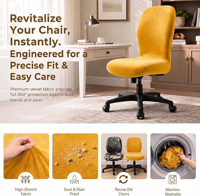 Deisy Dee Velvet Stretch Armless Office Chair Covers - Colorful Stretch Slipcover for Desk Chairs (Golden Yellow)
