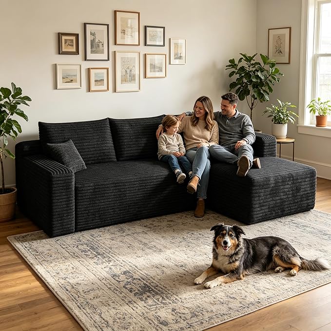 94" Boneless Couches with Right Facing Chaise for Living Room,Corduroy Sectional Couch,L-Shape Cloud Couches Compressed Memory Foam Cloud Sofa,No Assembly Required,Black