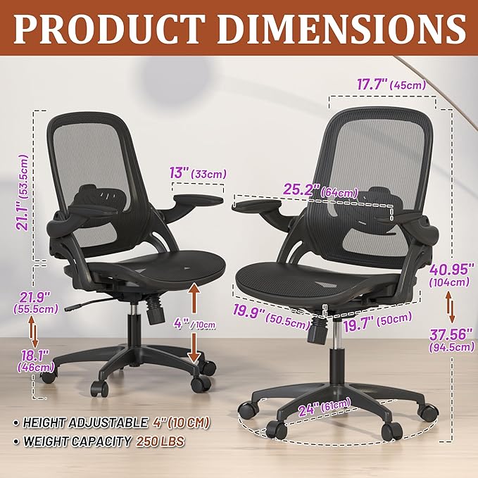 Ergonomic Full Mesh Office Home Computer Chair with Flip Up Arms Lumbar Support Height Adjustable for Adult Kids