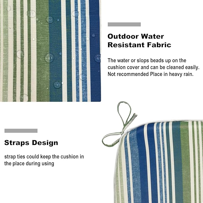 DYTXIII Set of 2 Outdoor Chair Cushions with Ties,Water Repellent Patio Chair Pads 17"x 16" for Outdoor Furniture,Round Corner Seat Cushions for Garden Yard Kitchen Stripe Blue Green