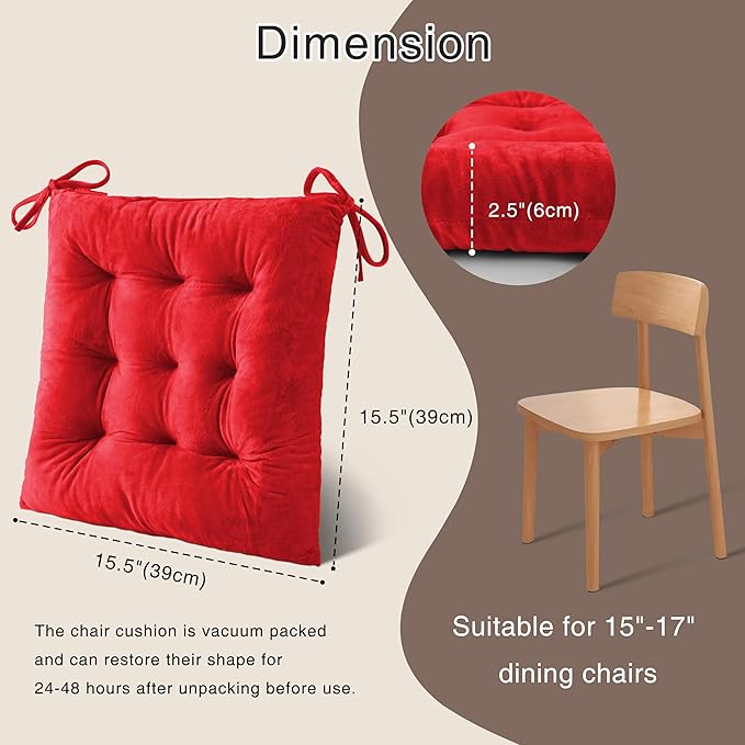 OVOV 1 Pack Chair Cushions for Dining Chairs Soft Seat Cushions for Kitchen Desk Chairs Square Chair Pads with Ties (15.5"x15.5" Red)
