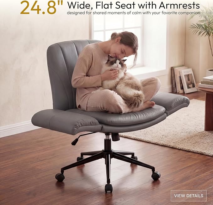 Dowinx Criss Cross Chair with Five-Level Adjustable Arms and Wheels - Comfortable Ergonomic PU Leather Swivel Vanity Chair - Computer Makeup Gaming Chair for Home Office, Bedroom, Vanity Room (Grey)