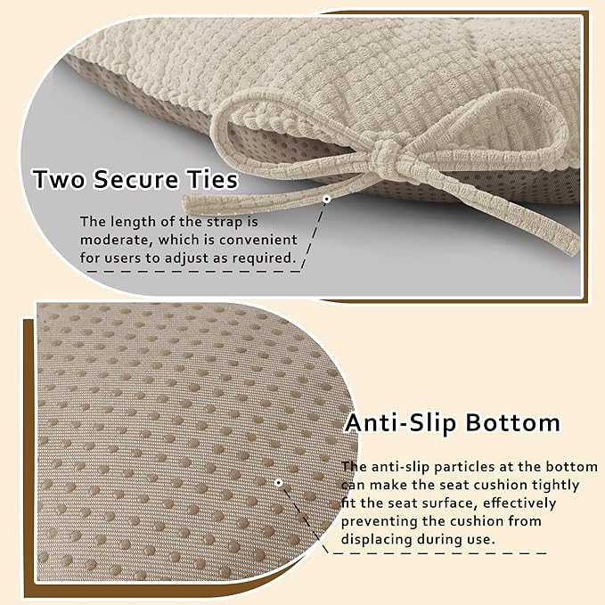 ELFJOY Dining Chair Cushions Set of 2 Thick Non Slip Kitchen Chair Pads with Ties Comfortable Indoor Kitchen Seat Cushions 18" x 18" x 3" Beige