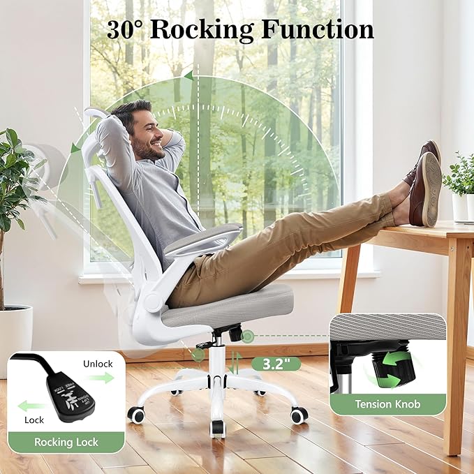 BESTFAIR Office Chair Ergonomic Desk Chair, Breathable Mesh Office Chairs with Adjustable Lumbar Support, Flip-Up Arms, Computer Desk Chair Comfy for Home Office, Light Gray