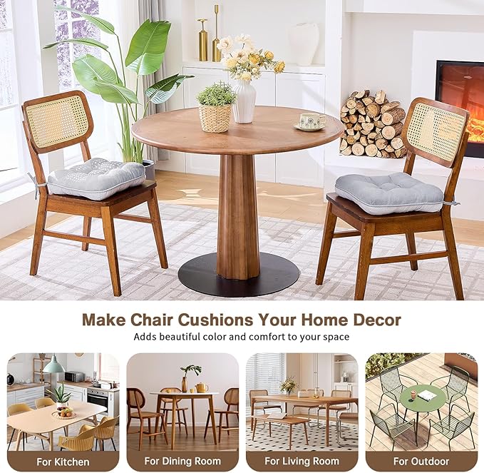 BETU Chair Cushions for Dining Chairs Set of 6,3.5" Thick Kitchen Table Chair Pads with Ties,Non Slip Backing and Covers, Seat Cushion for Dining Room,Bar,Patio Chairs,15.5"X15.5"X3.5",Light Grey