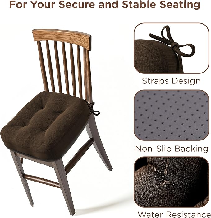 Codi 6 Pack Dining Chair Cushions, Thick Chairs Pads for Indoor Kitchen Room - Washable, Non-Slip Memory Foam Seat Cushion with Ties, 16.5"x16.5"x 3.5", Set of 6, Brown New