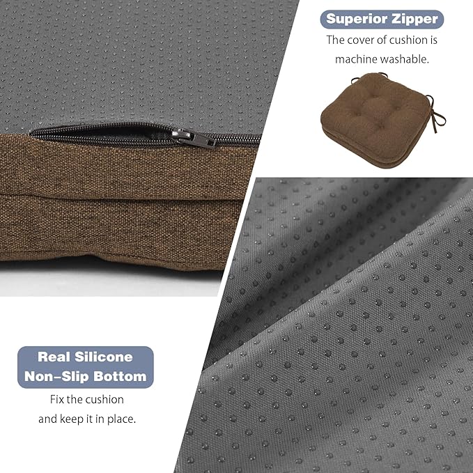 baibu Set of 6 Dining Chair Cushions, Dual-Layer Patent Design Memory Foam Kitchen Chair Cushions, Non-Slip Seat Pads with Ties, 16.5 x 16.5 x 3.5in, 6 Pack, Dark Brown
