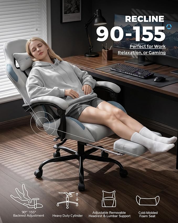 GTPLAYER Gaming Chair Fabric with Pocket Spring Cushion,Computer Office Chair with Lumbar Support for Adults Linkage Armrests and Footrest Ergonomic Gamings Chairs Height Adjustable Gray