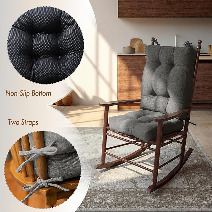Rocking Chair Cushion, Set of 2, with Thicken Seat & Lumbar Support Back Cushion, Ergonomic Chair Cushion Non-Slip Bottom with Ties for Indoor/Outdoor Rocker, Office Chair, 22X17 Inch, Light Grey