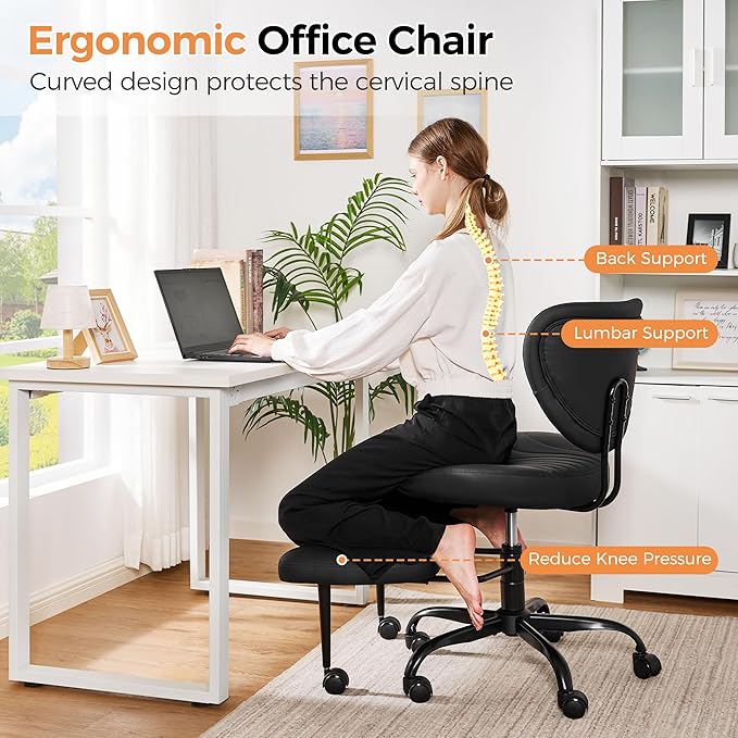 Cross Legged Office Chair, Ergonomic Criss Cross Chair with Wheels, 360° Swivel Height-Adjustable Meditation Chair for Yoga & ADHD, Wide Kneeling Chair with Strong Lumbar Support (Black) BPY01B